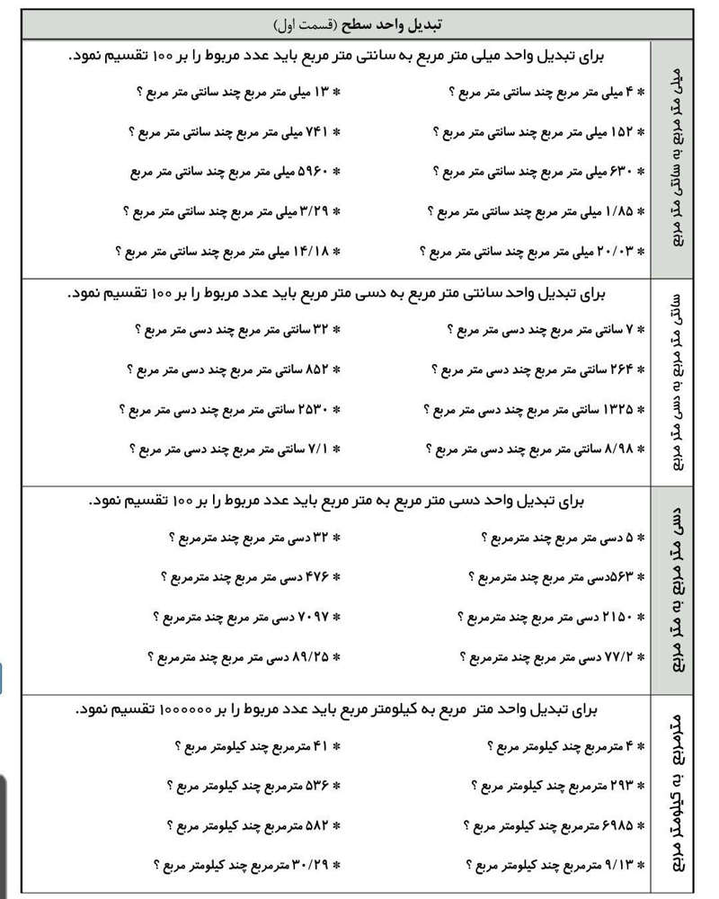 نمونه سوال تبدیل واحد سطح ششم ابتدایی