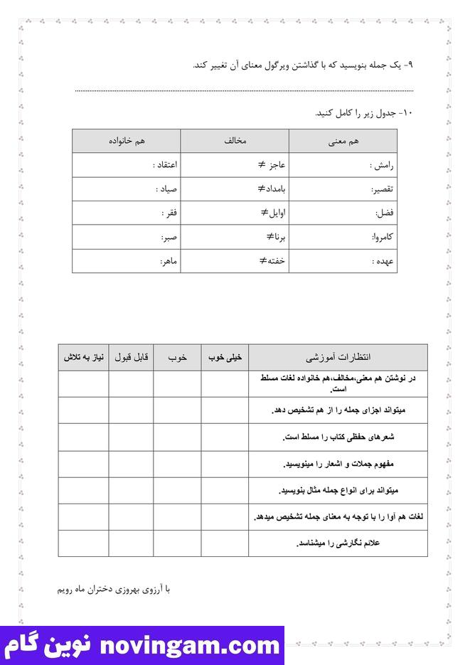 نمونه سوال نوبت دوم فارسی پایه چهارم دبستان