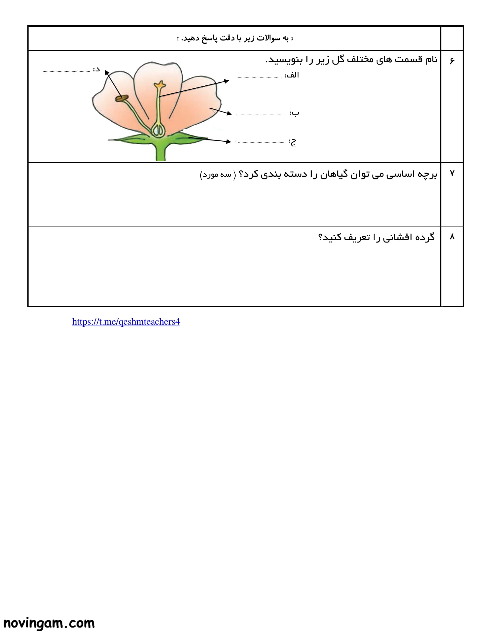 نمونه سوال درس ۱۲ علوم چهارم