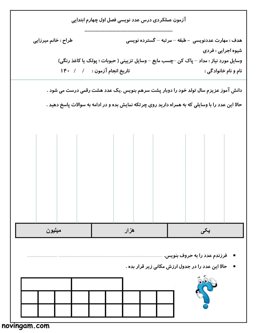 نمونه سوال عددنویسی ریاضی کلاس چهارم