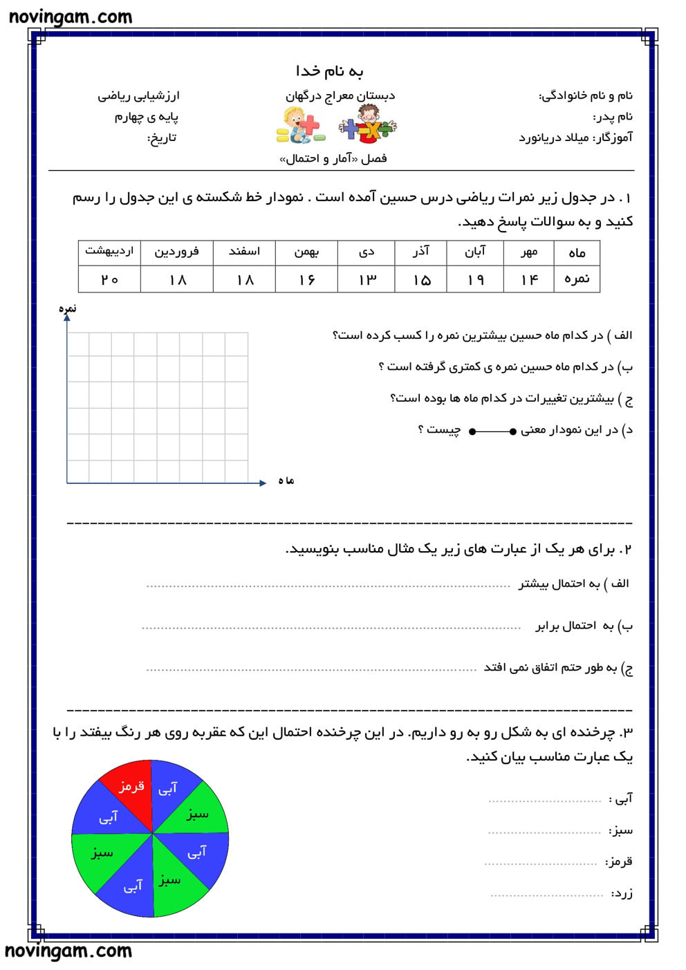 نمونه سوال آمار و احتمال ریاضی چهارم