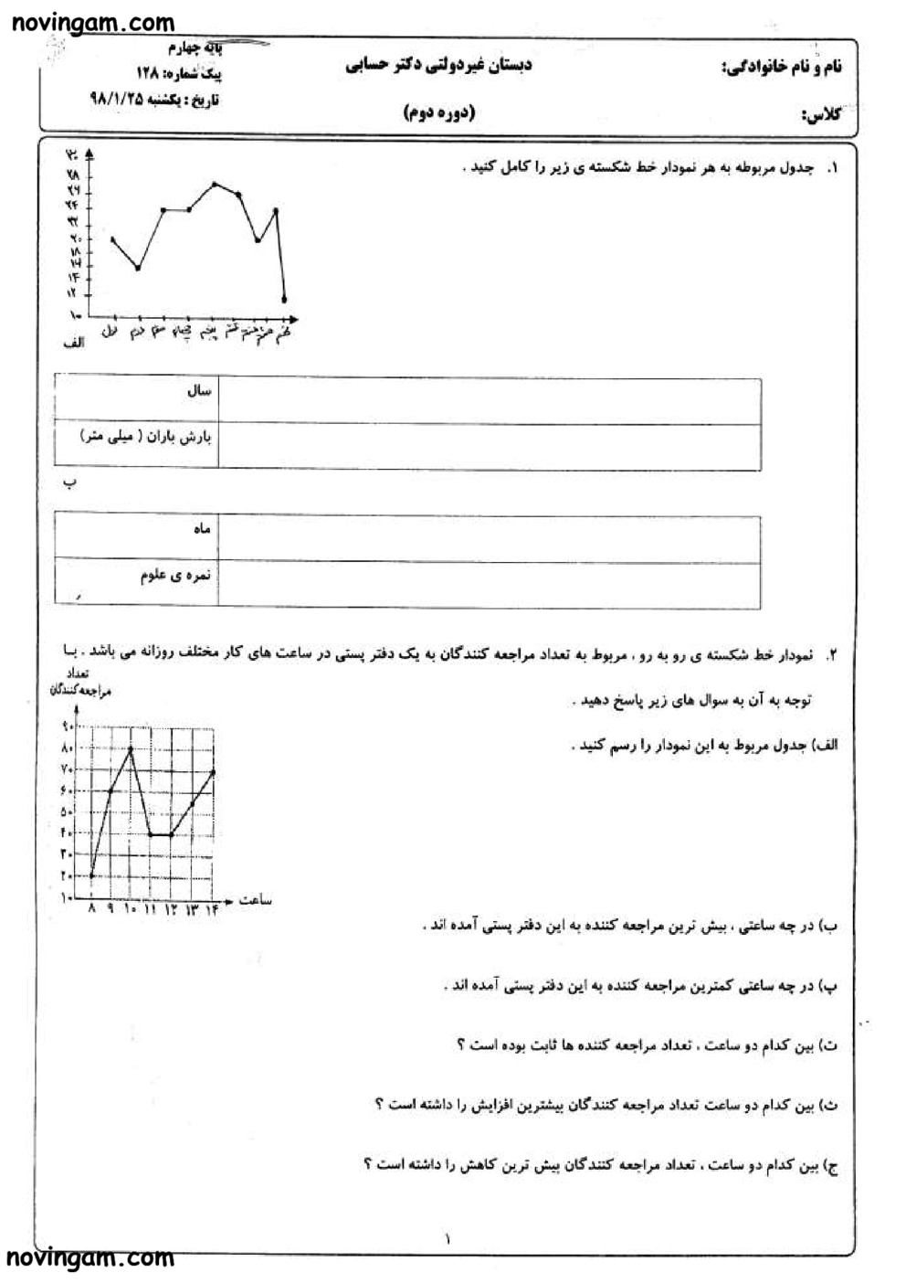 نمونه سوال آمار و احتمال ریاضی چهارم ابتدایی