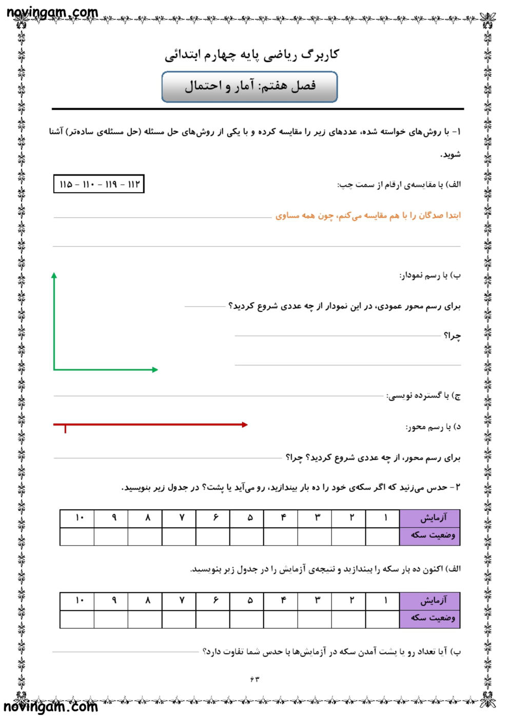 نمونه سوال آمار و احتمال ریاضی چهارم مقطع دبستان