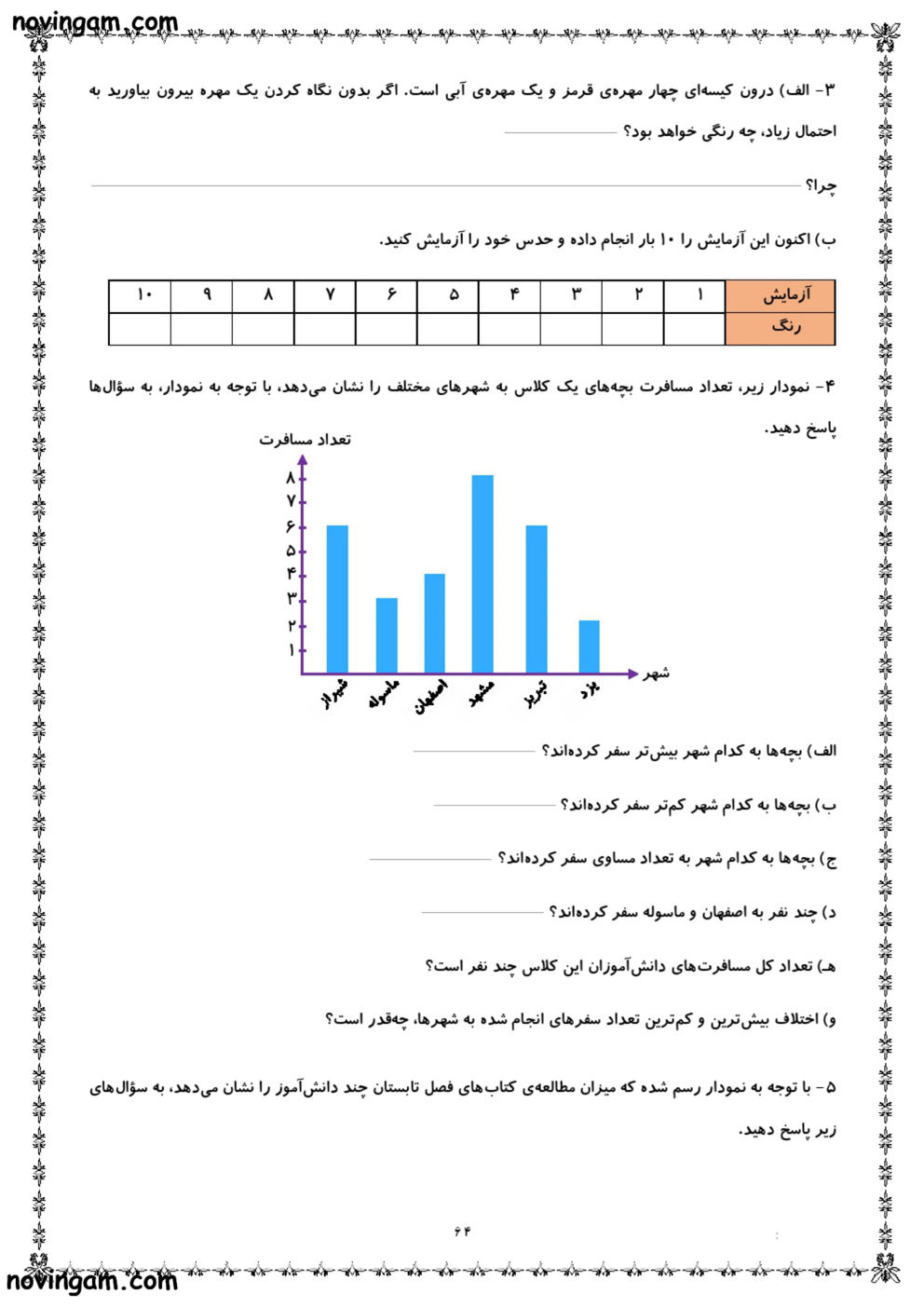 نمونه سوال آمار و احتمال ریاضی چهارم مقطع ابتدایی