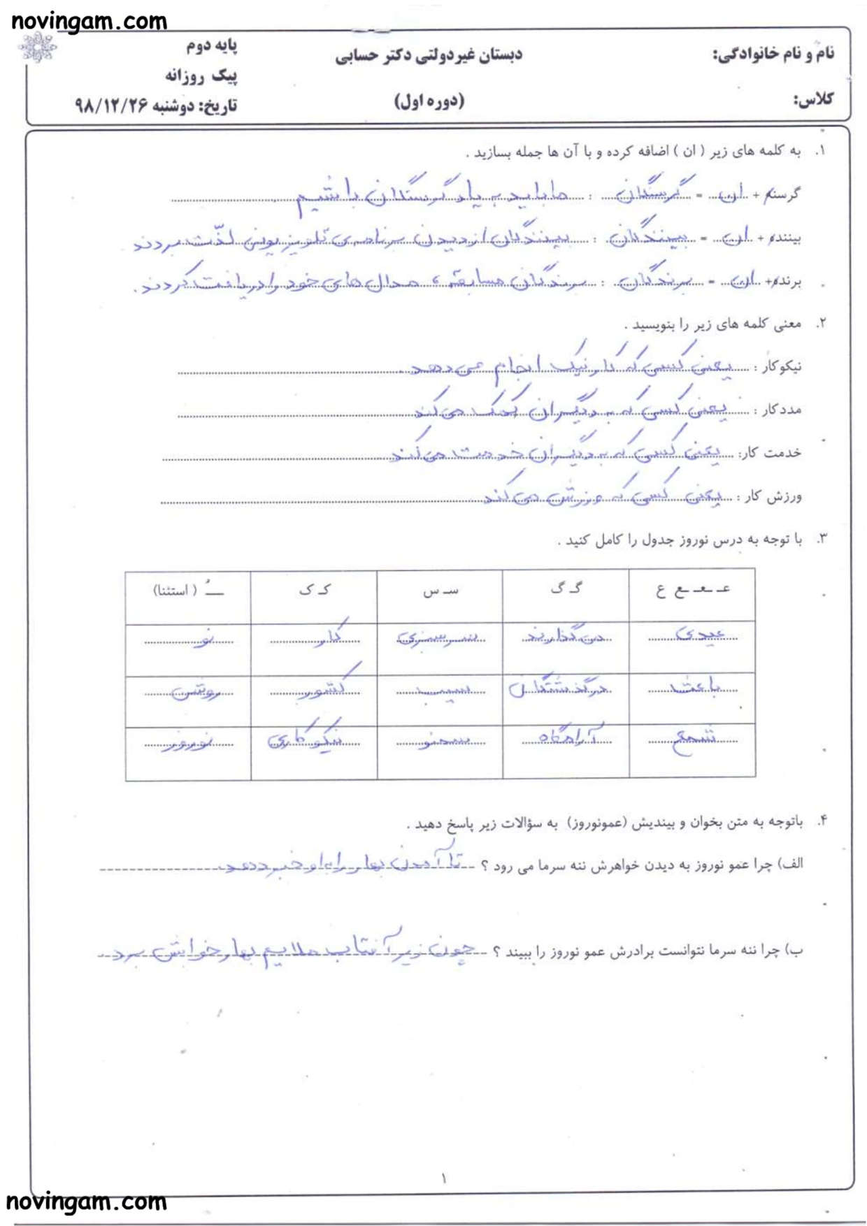 نمونه سوال درس پانزدهم فارسی دوم با جواب مقطع ابتدایی