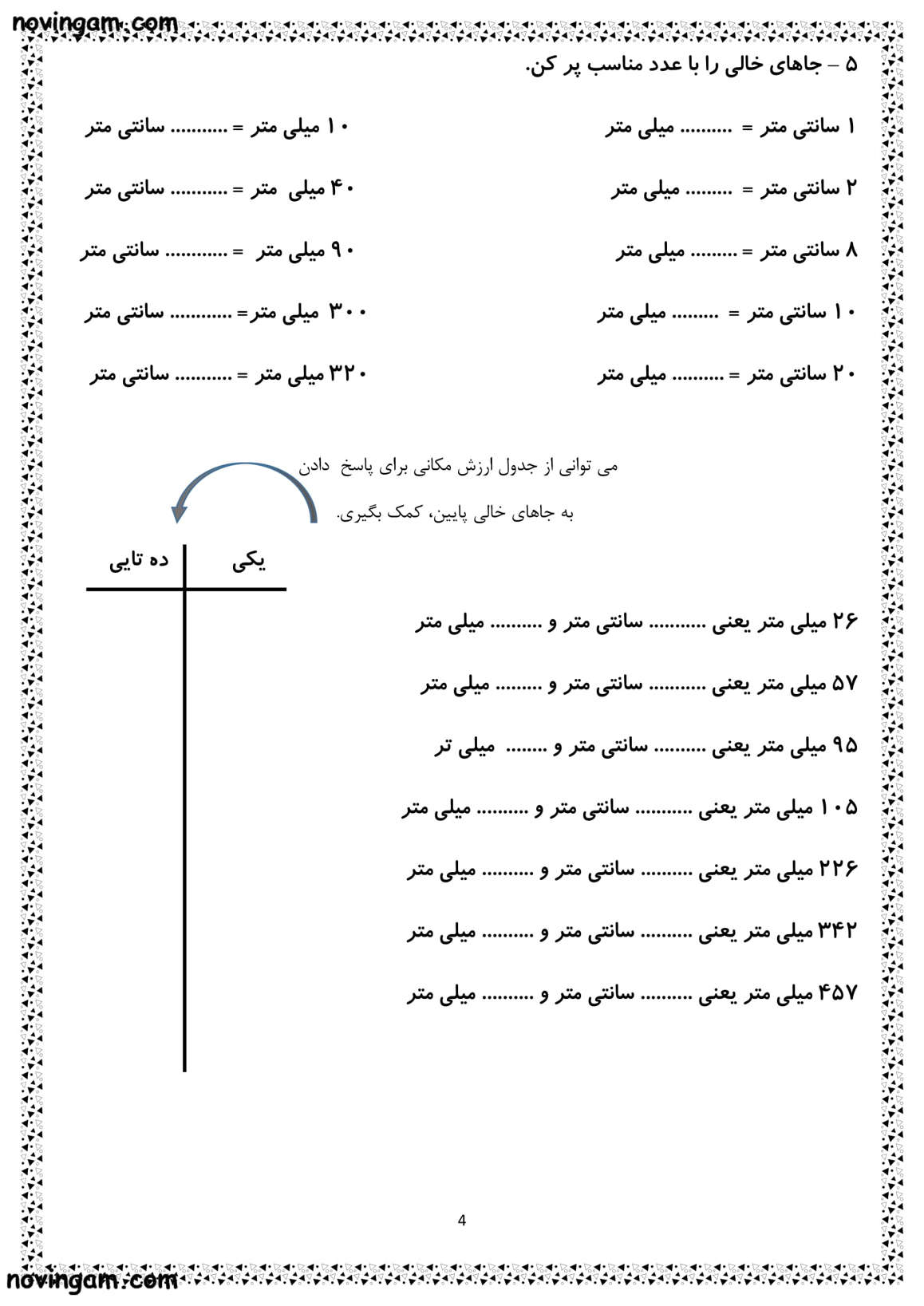 نمونه سوال اندازه گیری واحد میلی متر و سانتی متر ریاضی دوم ابتدایی
