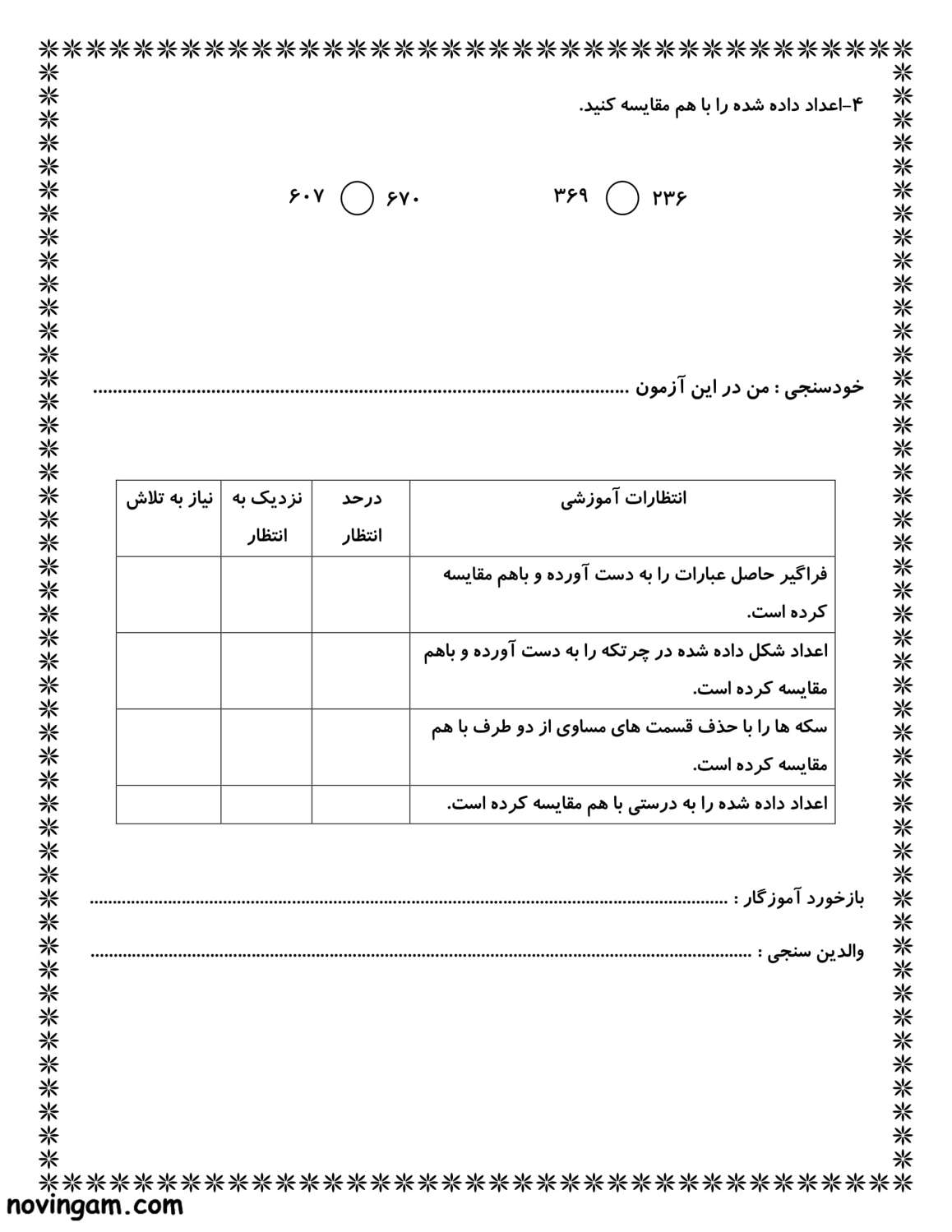 نمونه سوال مقایسه ی اعداد ریاضی کلاس دوم دبستان