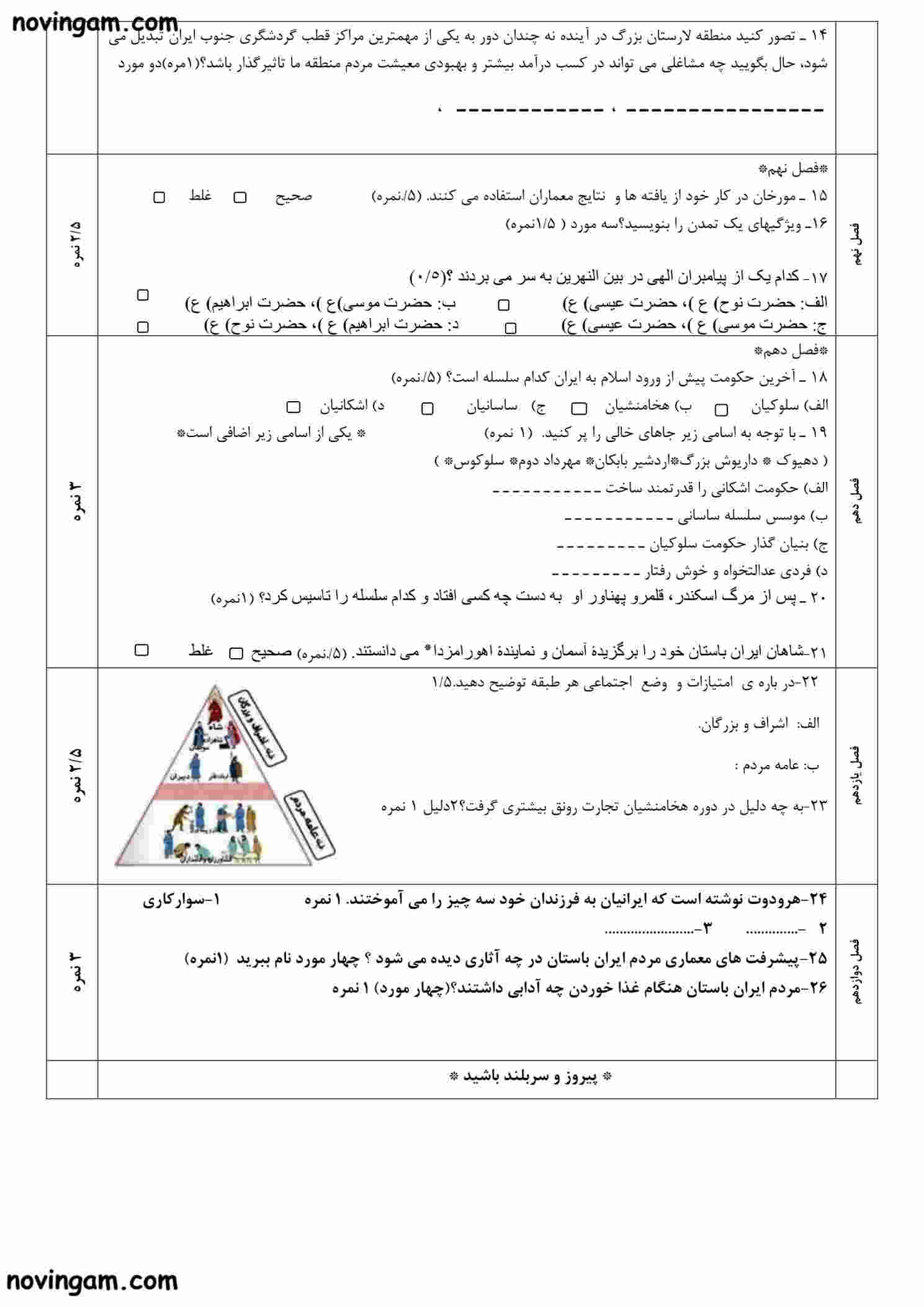 نمونه سوال نوبت دوم مطالعات هفتم