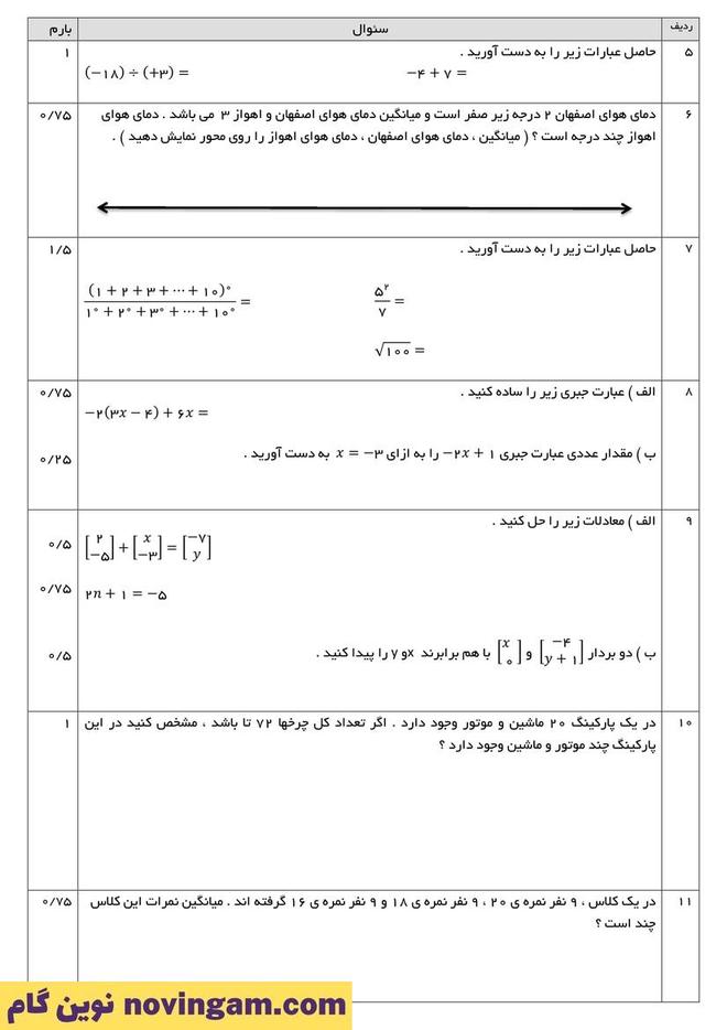 نمونه سوال نوبت دوم ریاضی هفتم