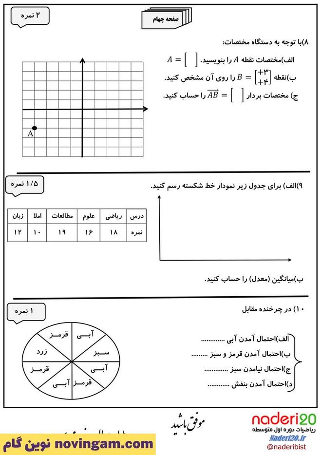 نمونه سوال نوبت دوم ریاضی هفتم