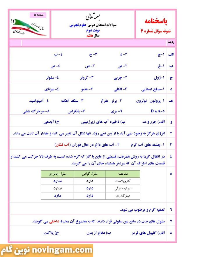 نمونه سوال نوبت دوم علوم هفتم
