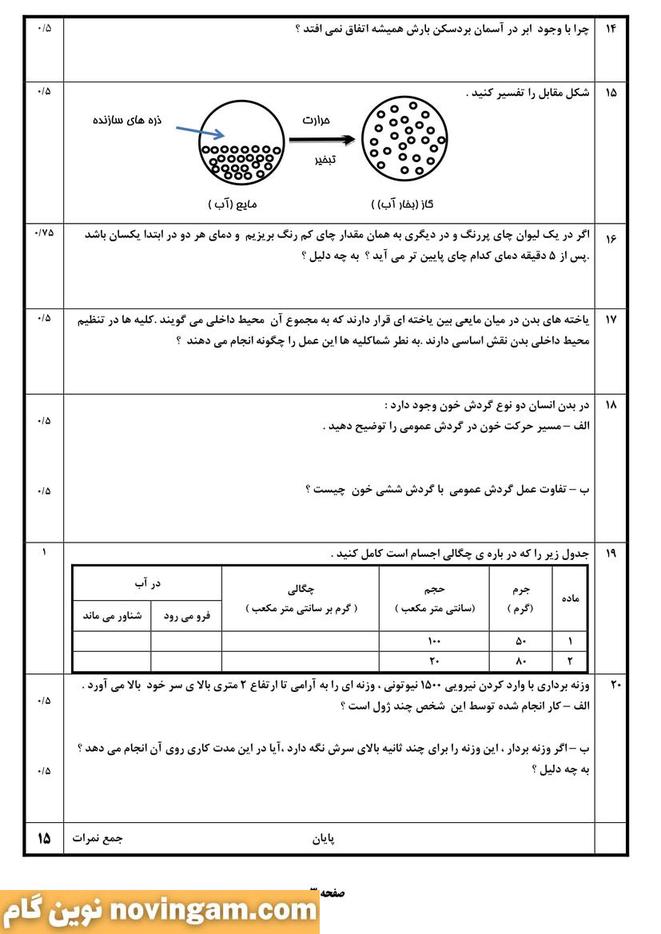 نمونه سوال نوبت دوم علوم هفتم