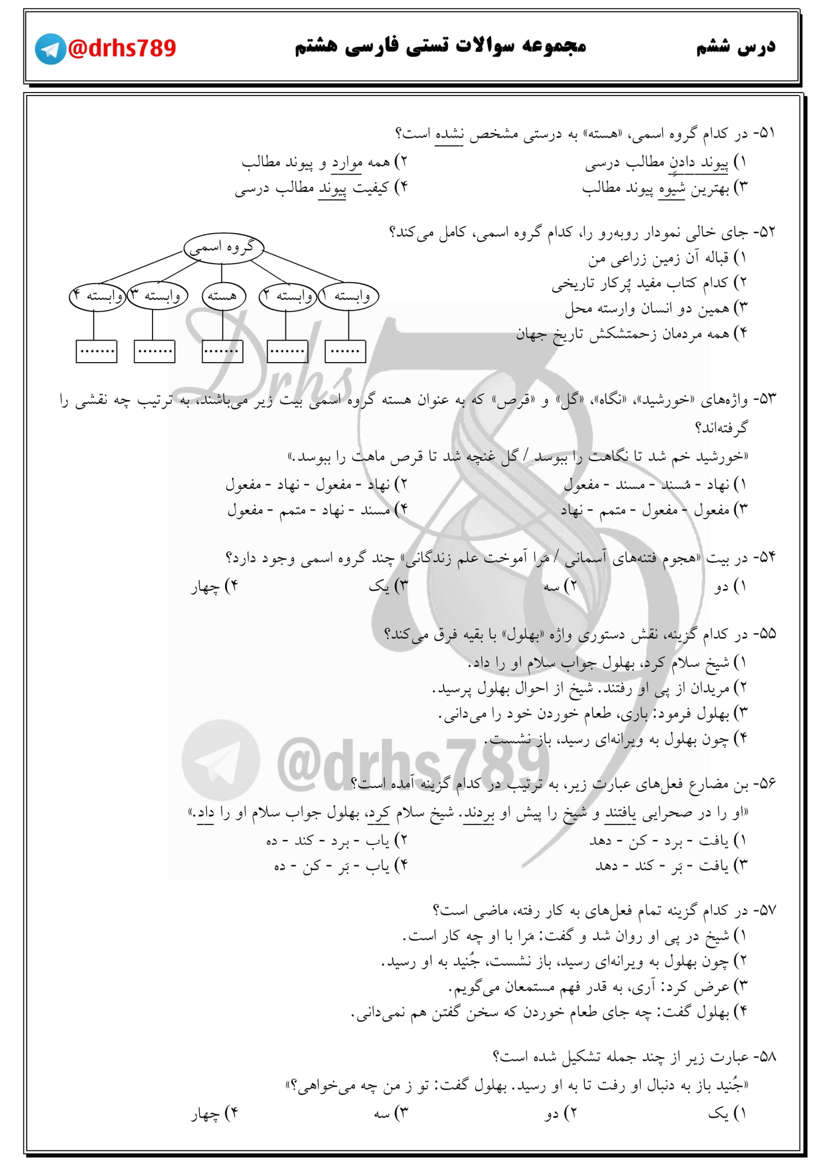 نمونه سوال درس ششم فارسی کلاس هشتم متوسطه اول