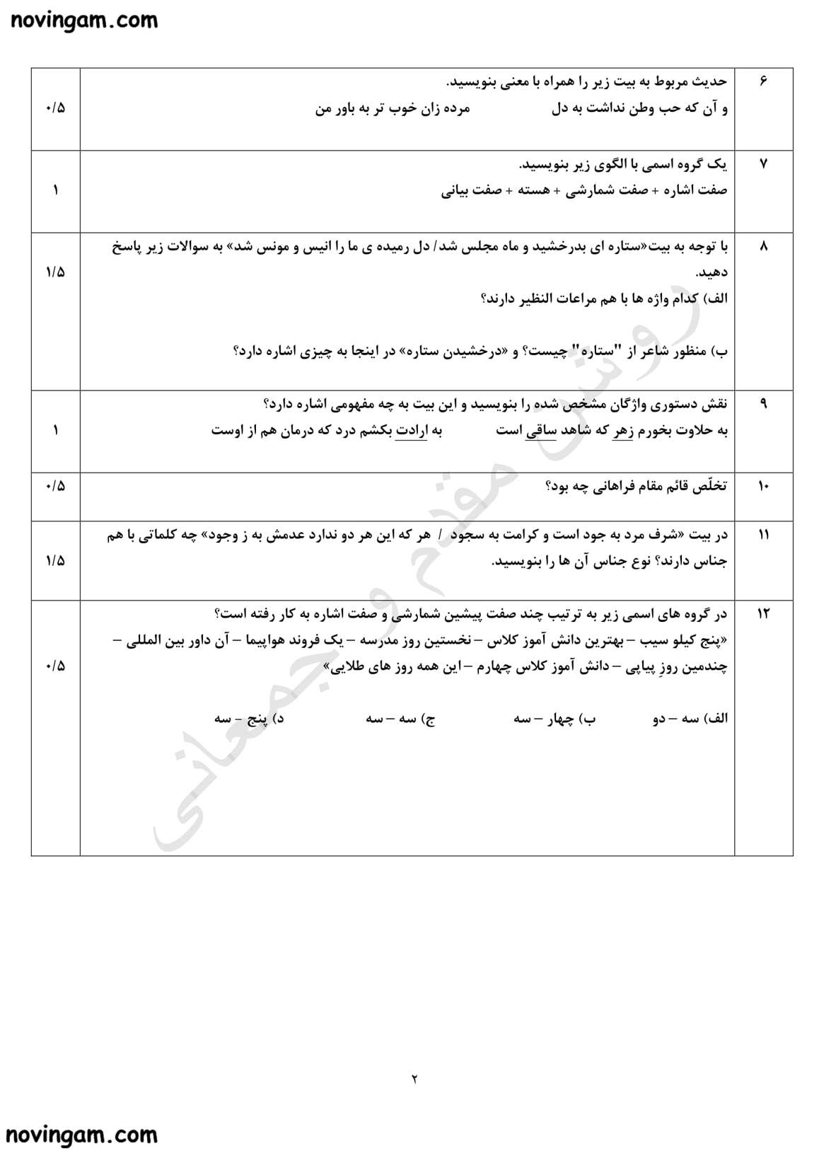 نمونه سوال فصل چهارم فارسی هشتم متوسطه اول