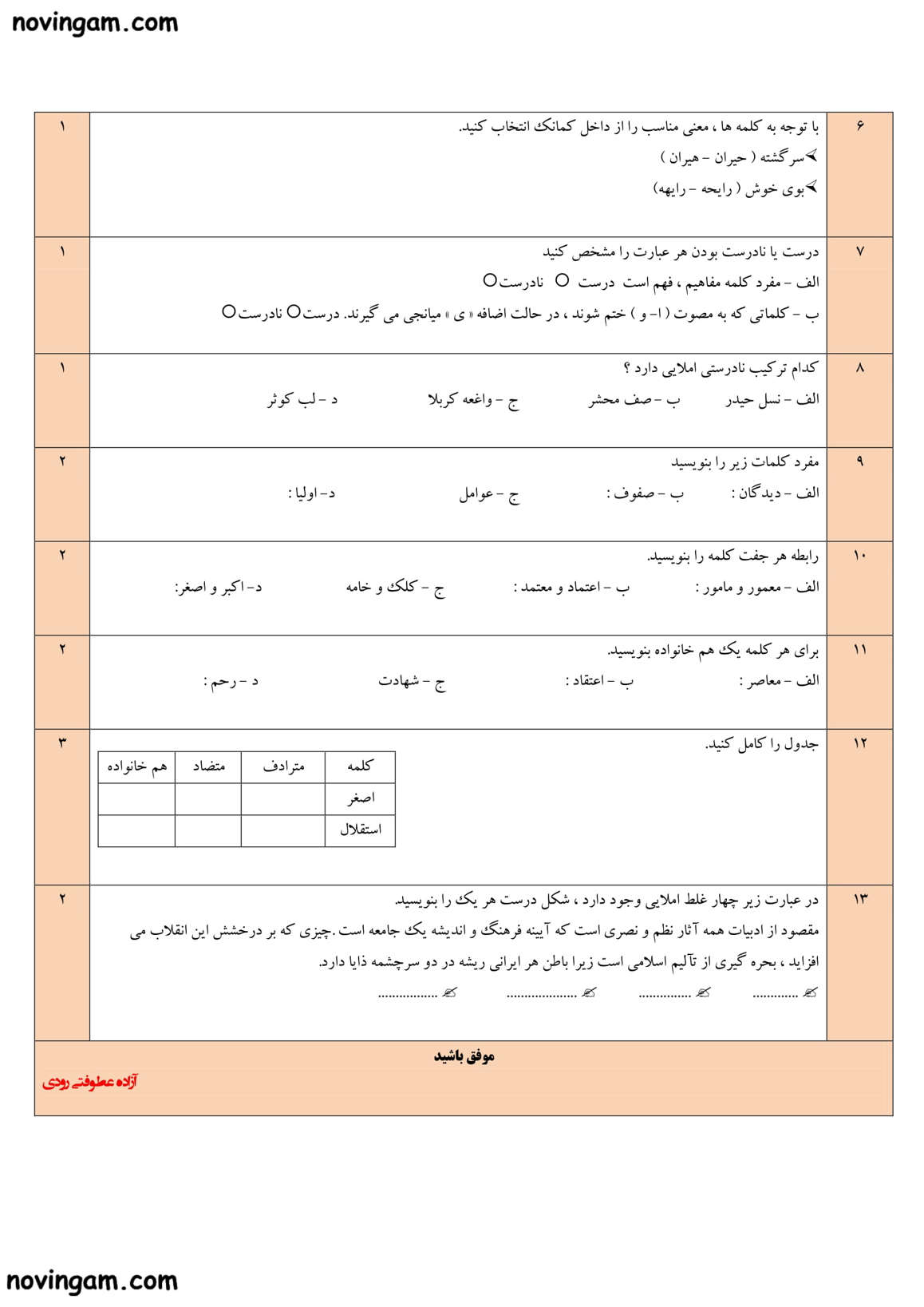 نمونه سوال فصل پنجم فارسی هشتم