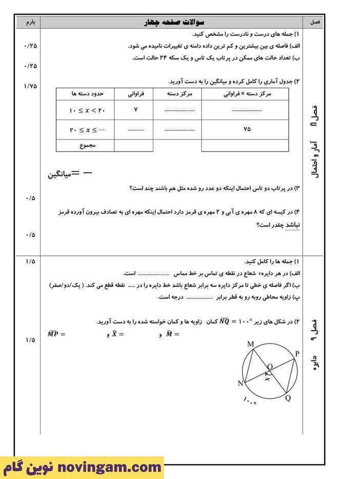 نمونه سوال نوبت دوم ریاضی هشتم