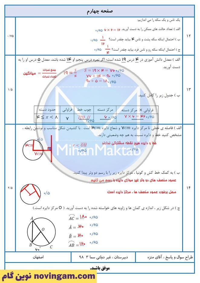 نمونه سوال نوبت دوم ریاضی هشتم