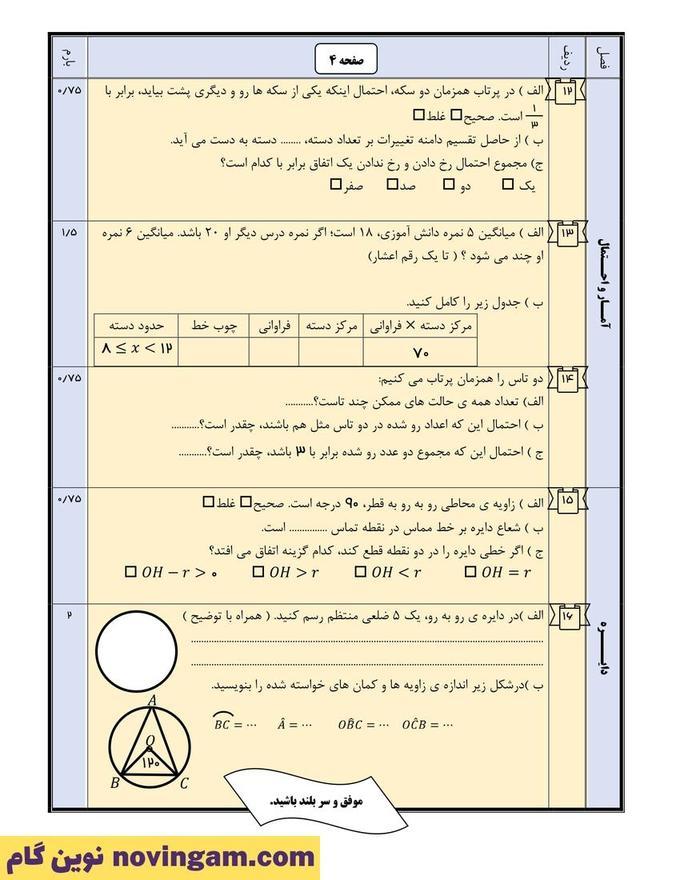 نمونه سوال نوبت دوم ریاضی هشتم