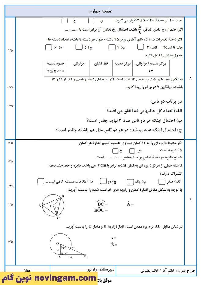 نمونه سوال نوبت دوم ریاضی هشتم