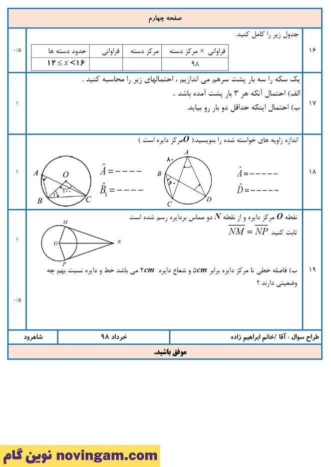 نمونه سوال نوبت دوم ریاضی هشتم
