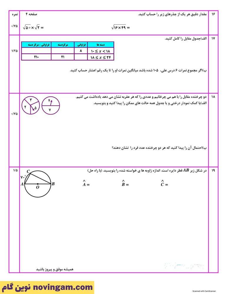 نمونه سوال نوبت دوم ریاضی هشتم