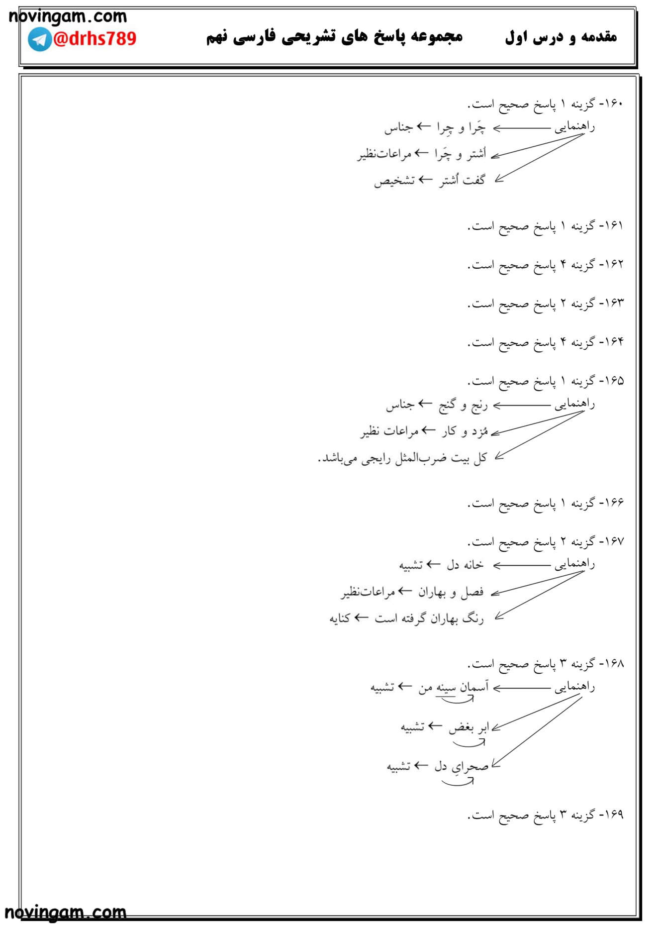 نمونه سوال درس اول فارسی پایه نهم مقطع متوسطه اول با جواب