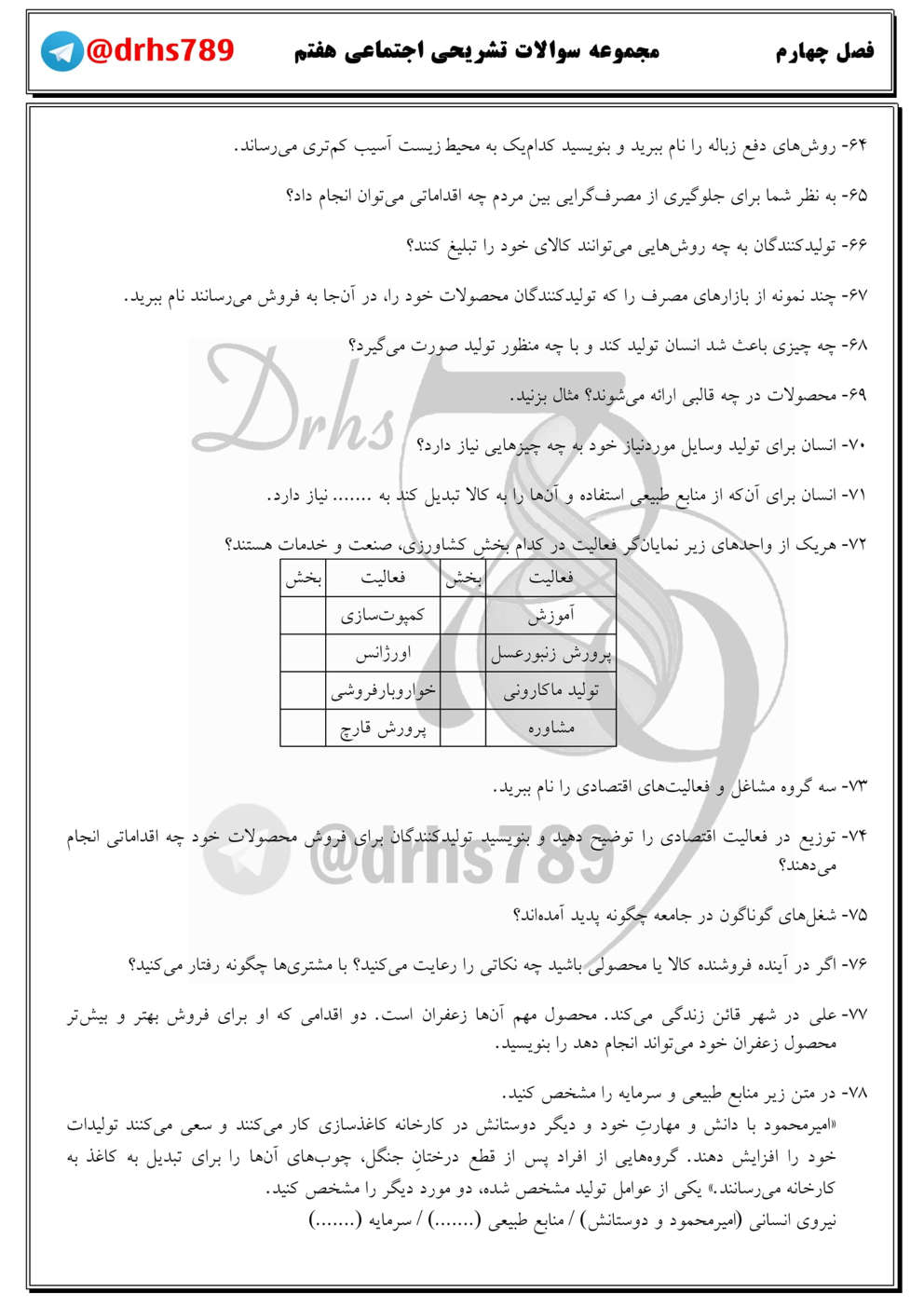 نمونه سوال فصل چهارم مطالعات نهم