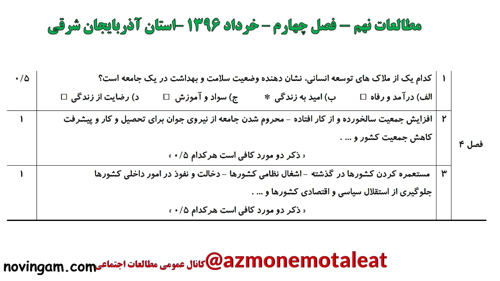 نمونه سوال فصل چهارم مطالعات نهم