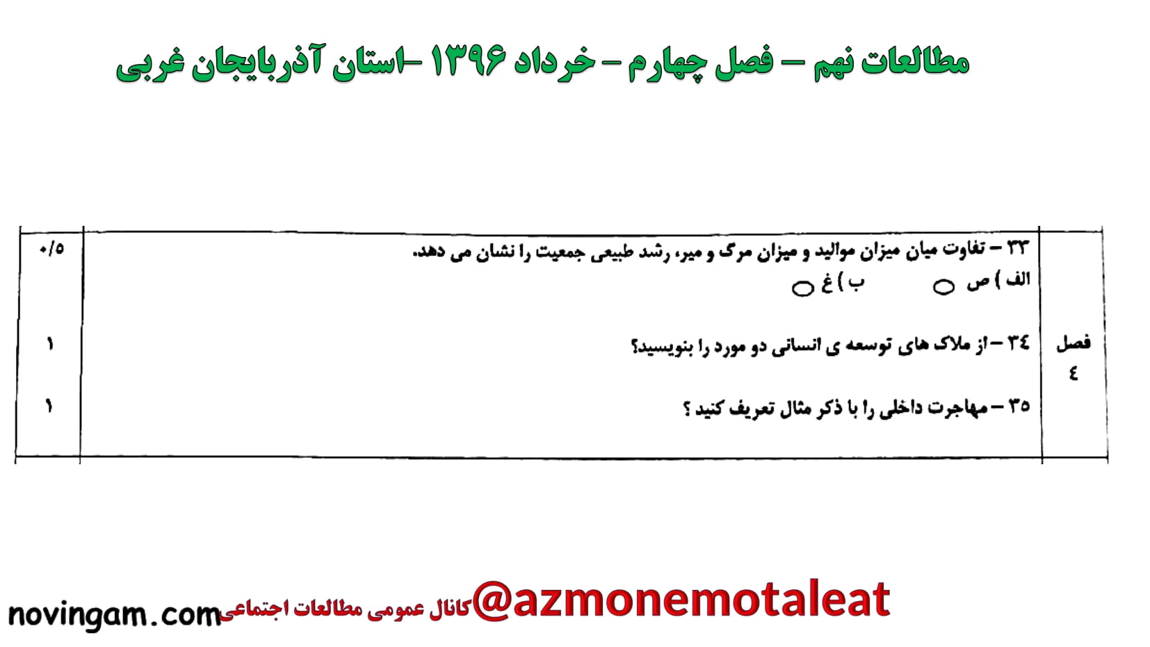 نمونه سوال فصل چهارم مطالعات نهم