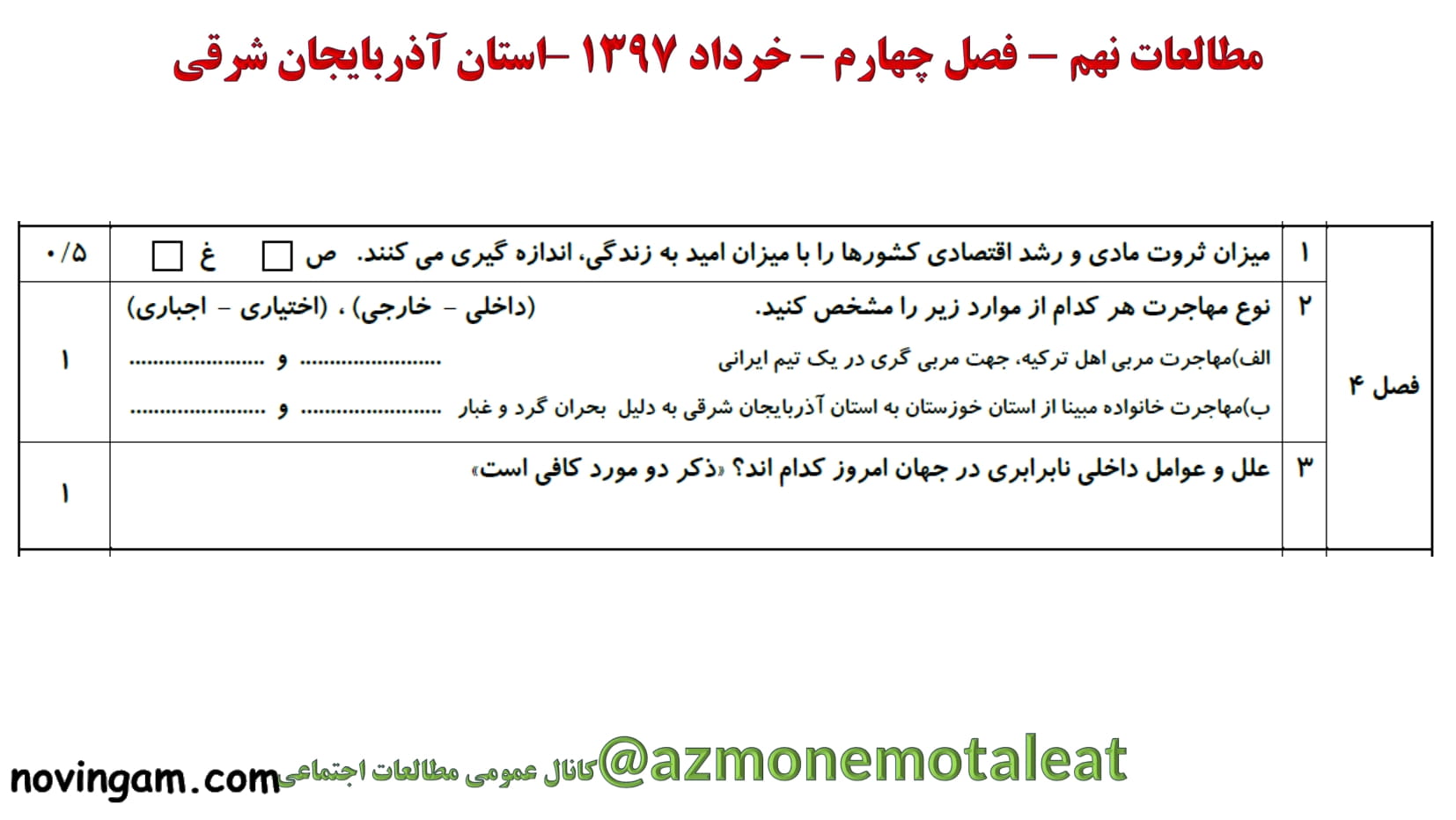 نمونه سوال فصل چهارم مطالعات نهم
