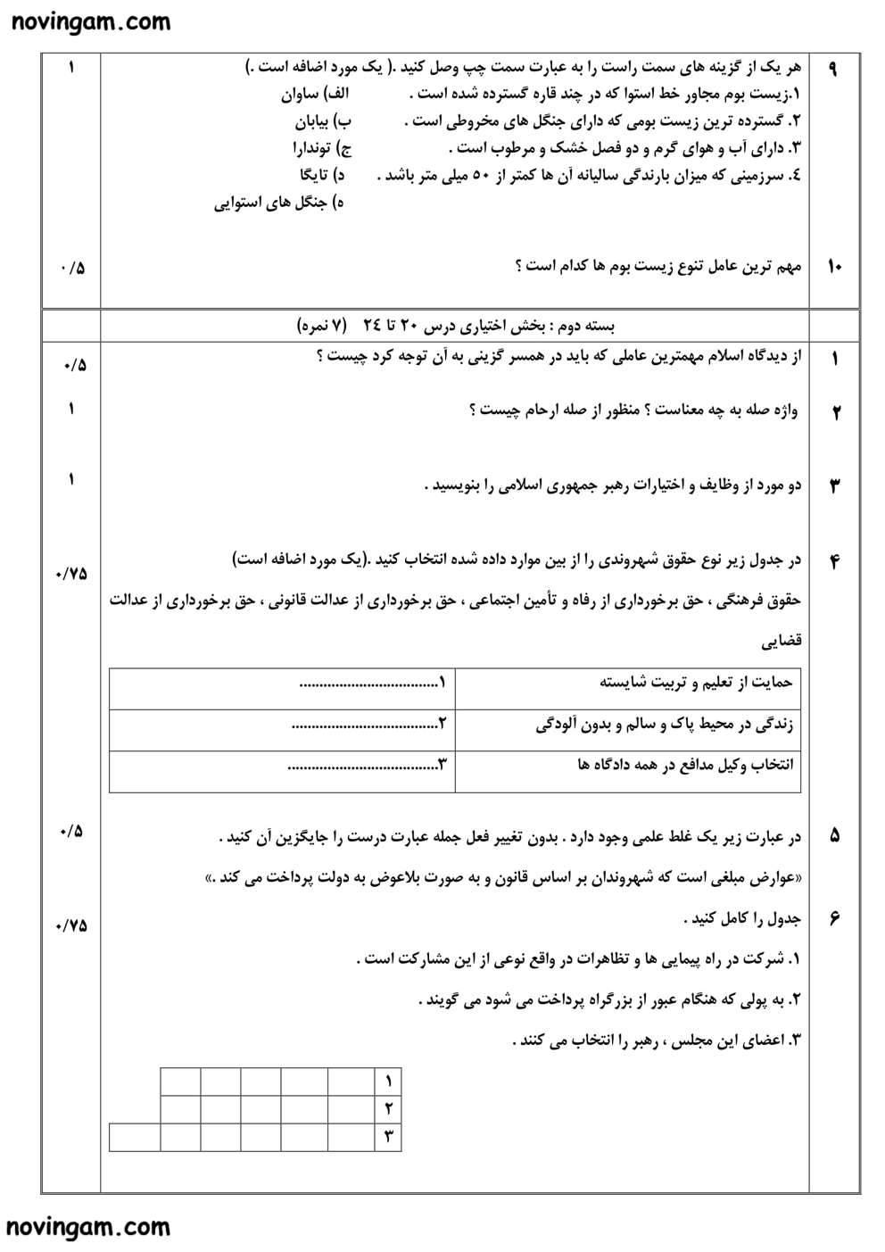 نمونه سوال نوبت دوم مطالعات نهم مقطع متوسطه اول