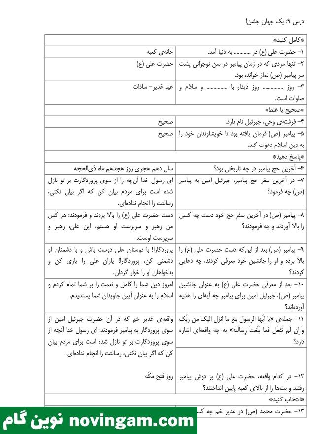 نمونه سوال درس 9 هدیه پنجم