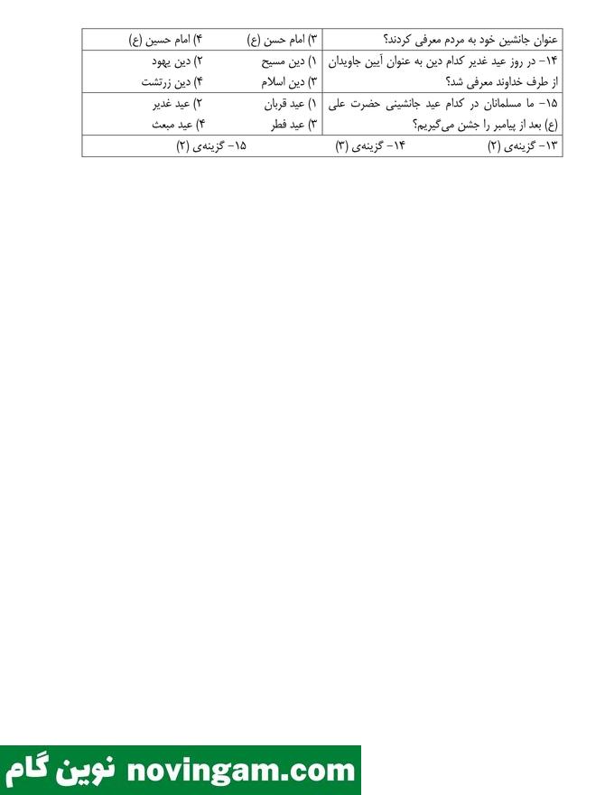 نمونه سوال درس نهم هدیه پنجم