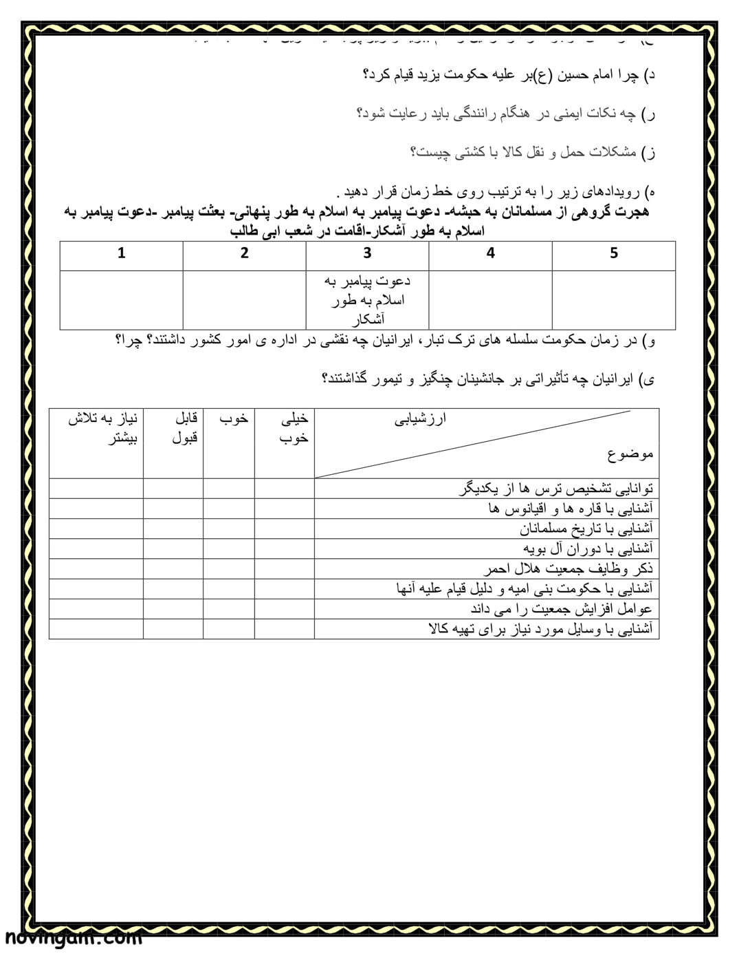 نمونه سوال نوبت دوم مطالعات کلاس پنجم مقطع دبستان