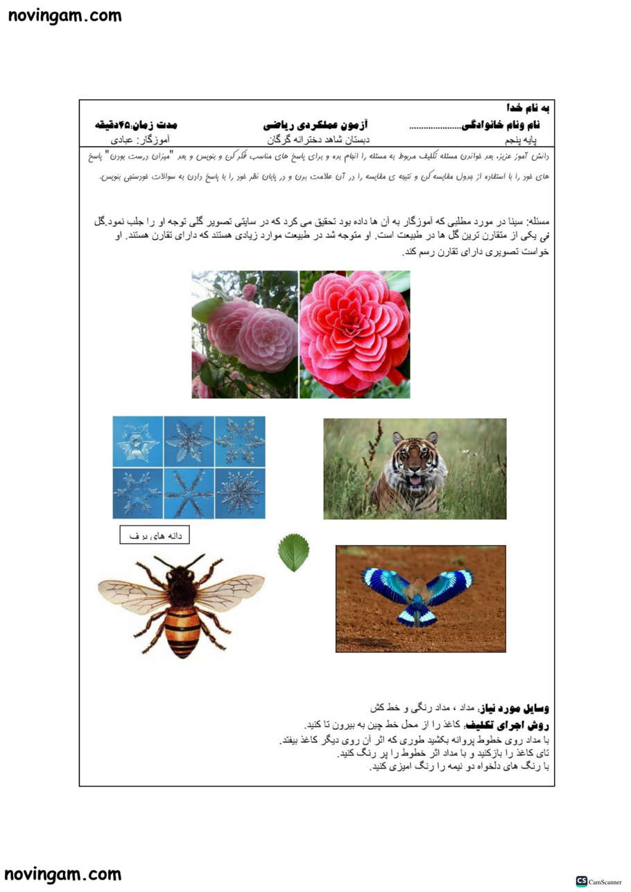 نمونه سوال تقارن و چند ضلعی ها ریاضی پنجم دبستان