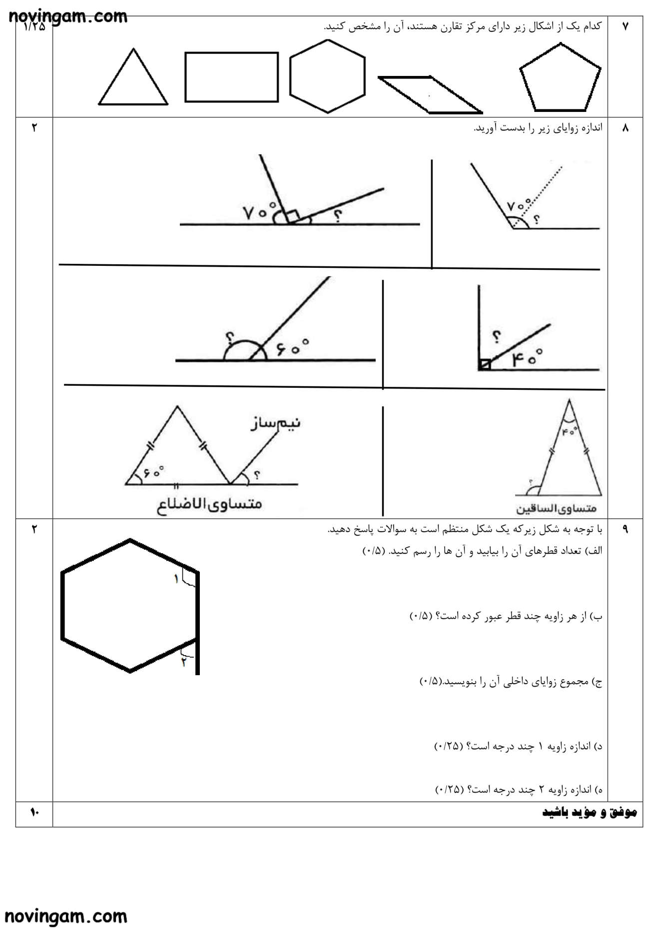 نمونه سوال تقارن و چند ضلعی ها ریاضی کلاس پنجم مقطع دبستان