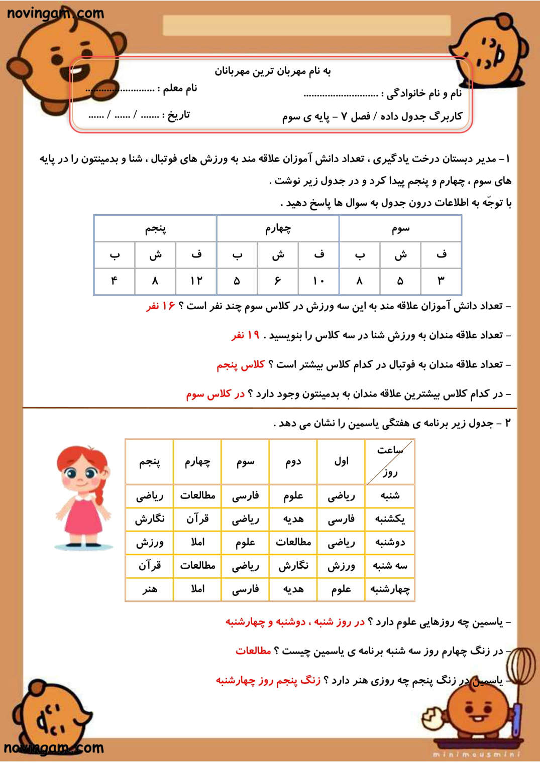 نمونه سوال جدول داده ها ریاضی کلاس سوم با جواب