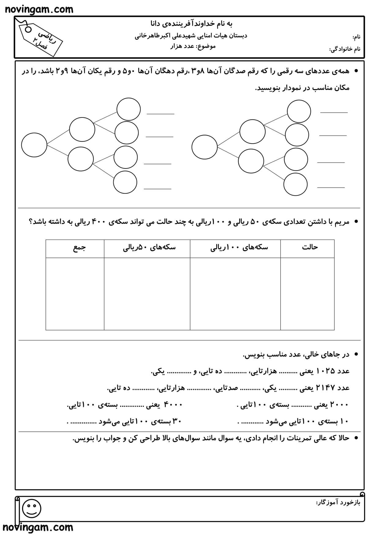 نمونه سوال معرفی عدد هزار ریاضی پایه سوم