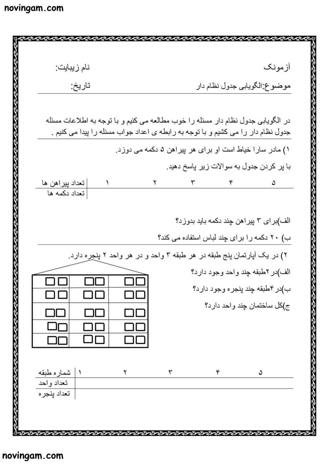 نمونه سوال الگویابی ریاضی سوم مقطع ابتدایی