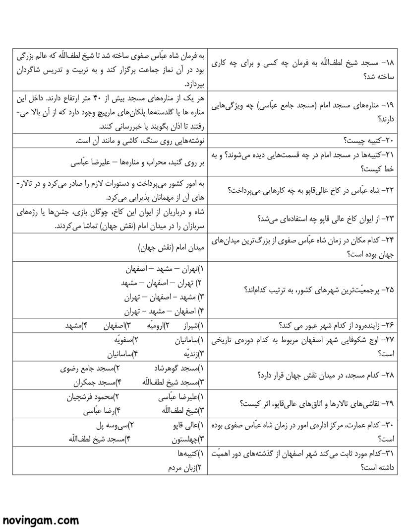 نمونه سوال درس یازدهم مطالعات کلاس ششم با جواب