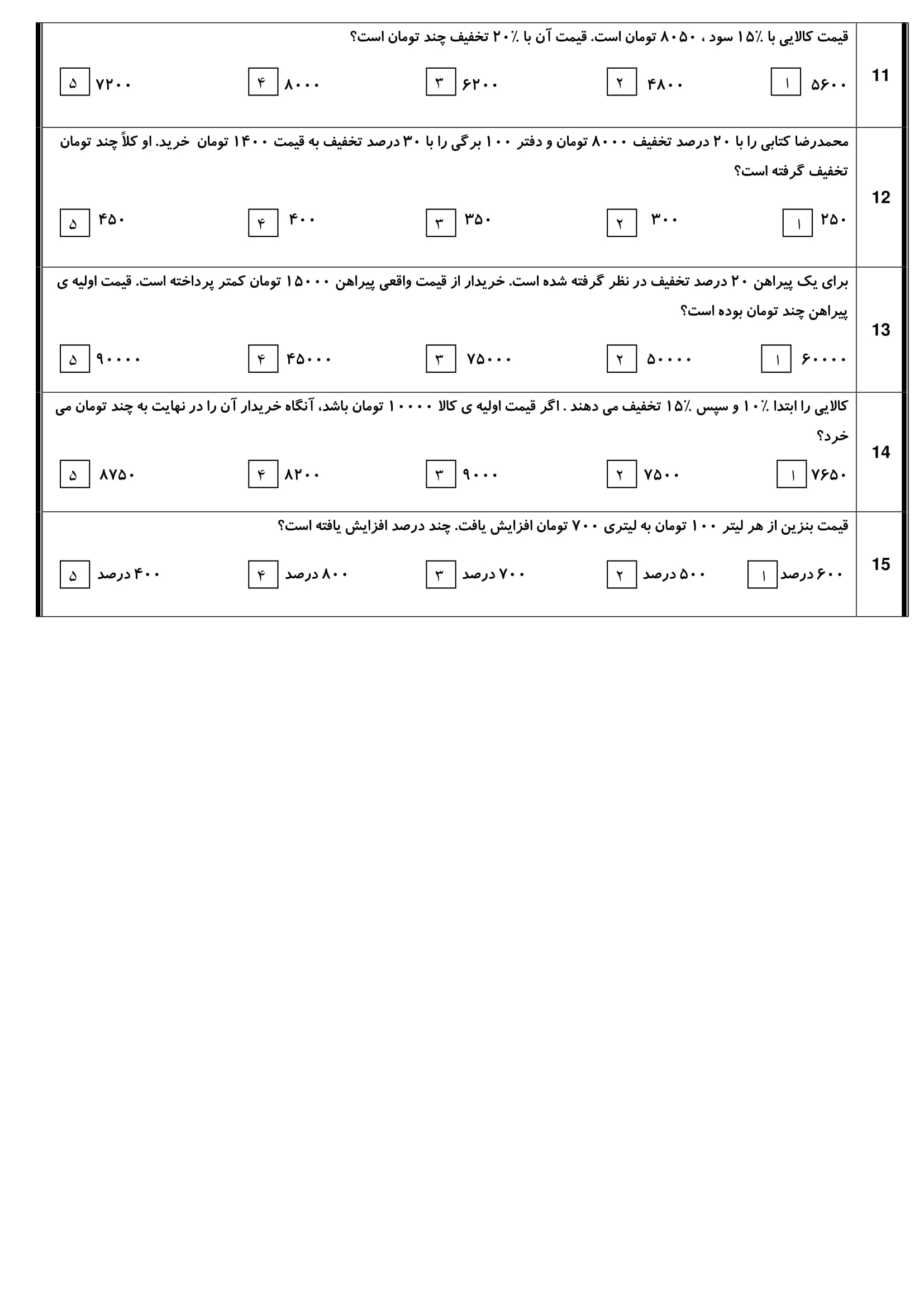نمونه سوال نسبت و تناسب ریاضی کلاس ششم دبستان