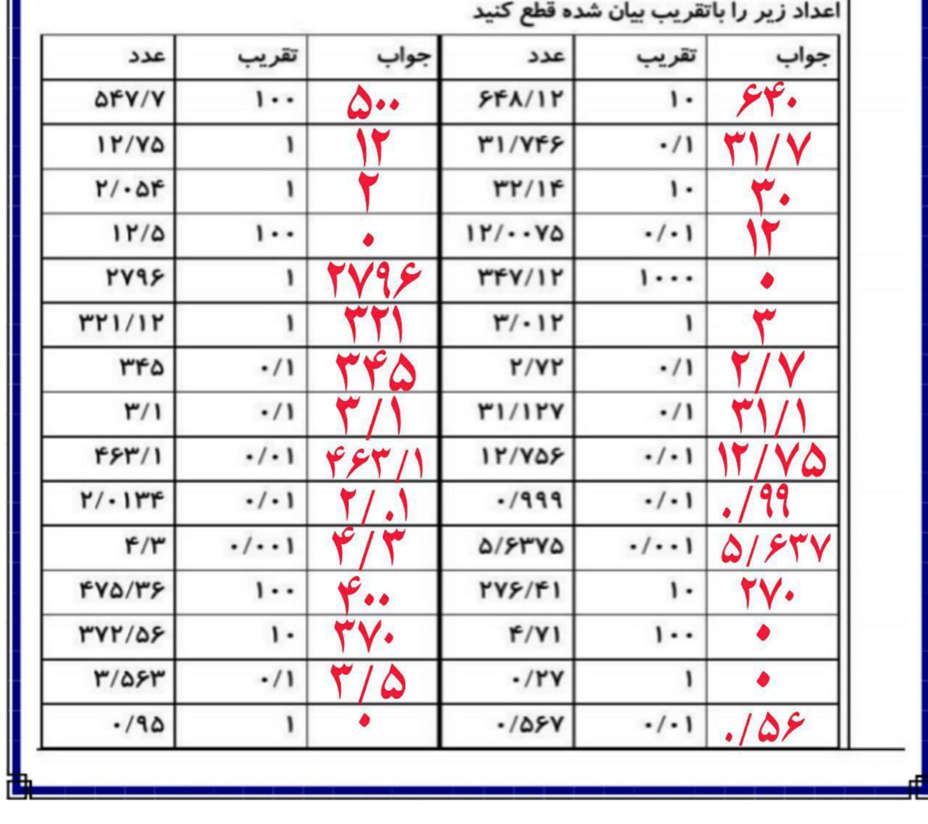 نمونه سوال تقریب ریاضی پایه ششم دبستان با جواب
