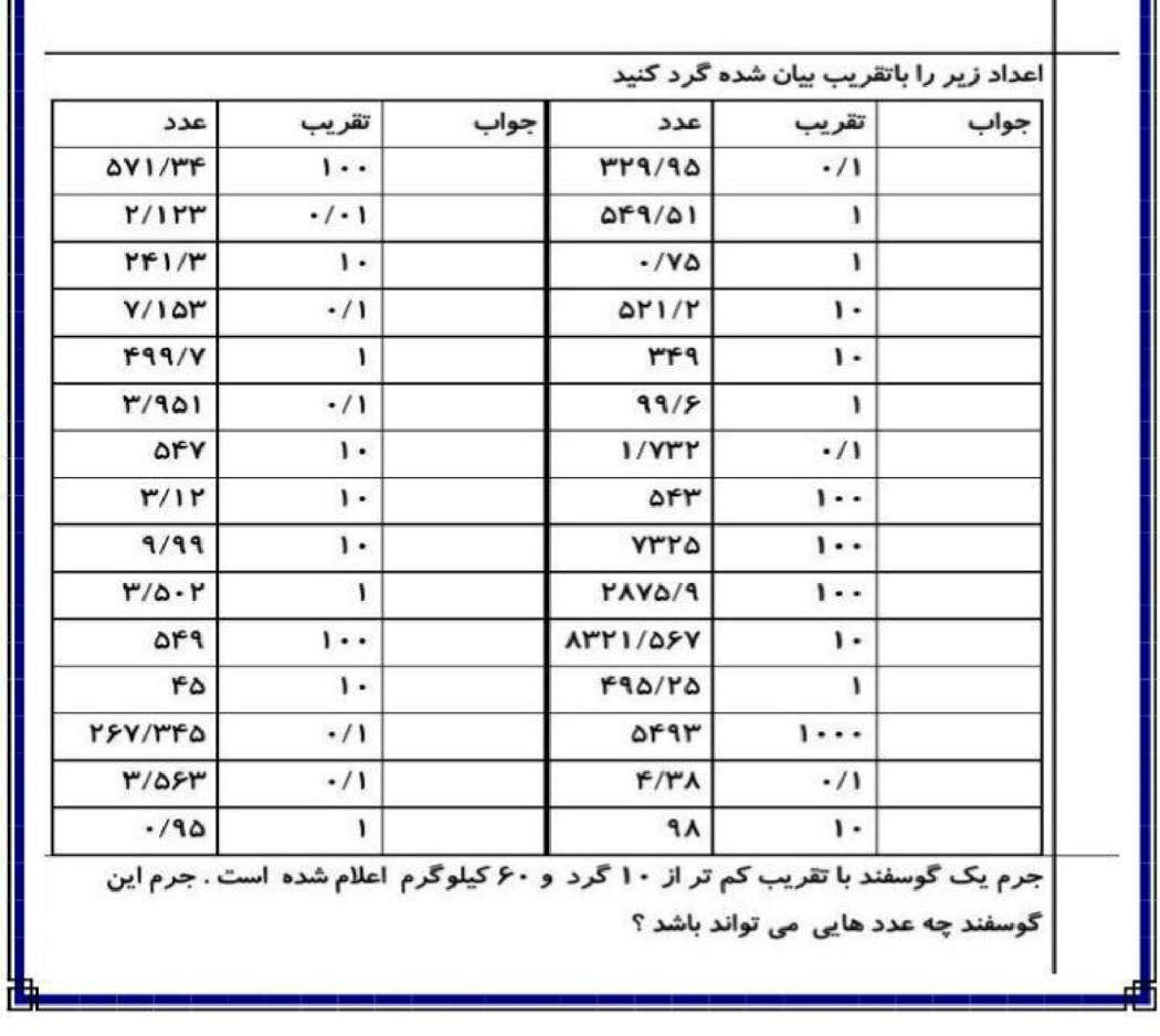 نمونه سوال تقریب ریاضی پایه ششم ابتدایی با جواب