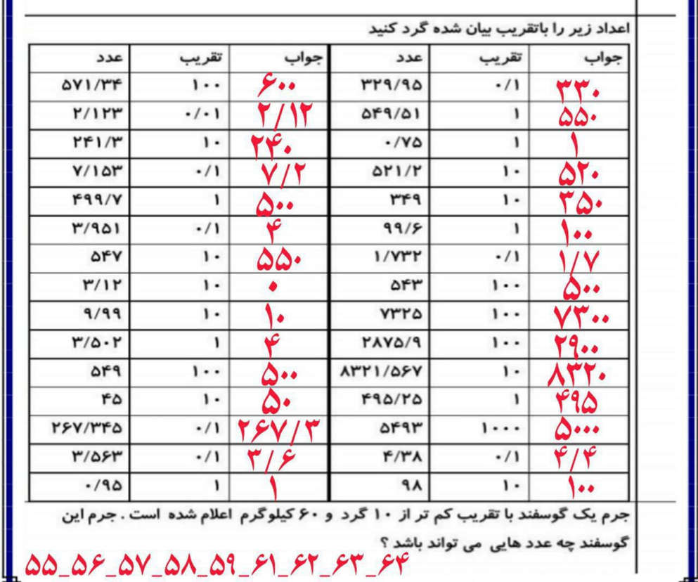 نمونه سوال تقریب ریاضی پایه ششم مقطع ابتدایی با جواب